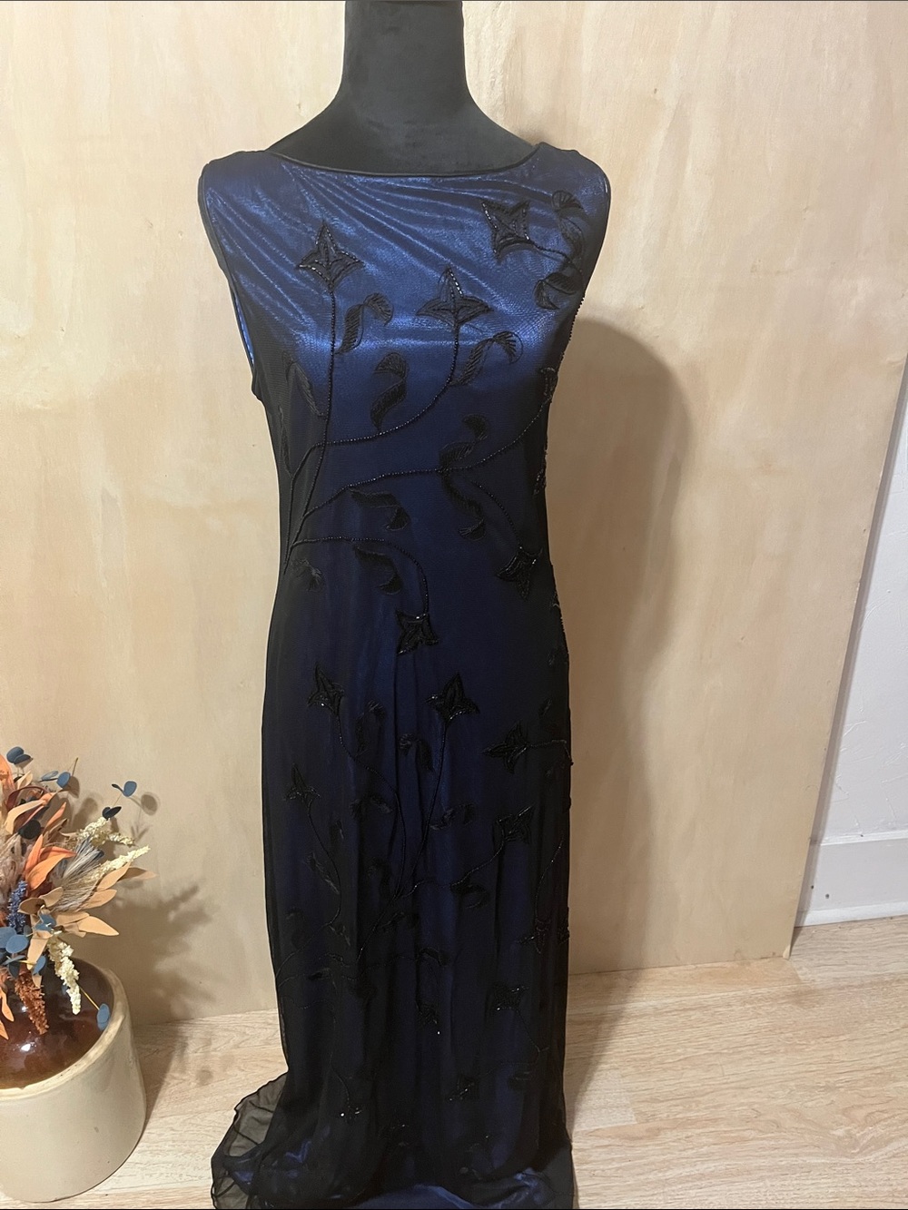 Navy Beaded Maxi Dress with Floral Embroidery